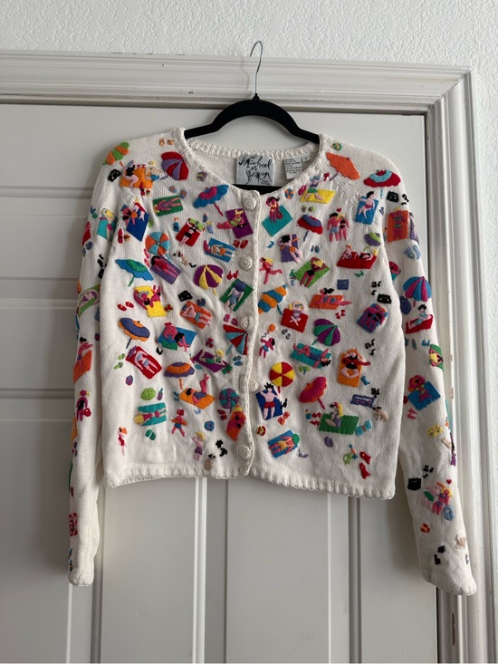 Michael Simon Sweaters - Michael Simon White Cardigan with Multicolor Beach Embroidery